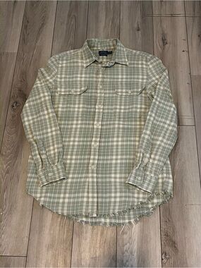 Polo Ralph Lauren Green Plaid Flannel Button Down Shirt Distressed Womens large